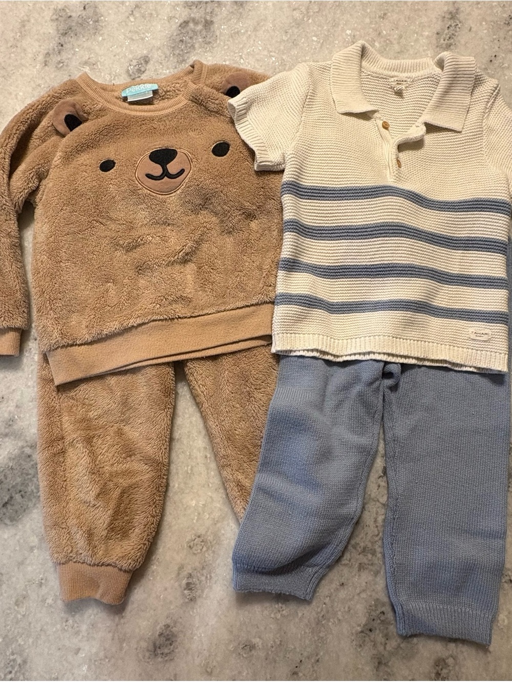 Cozy Bear Two-Piece Set & Knit Polo Pant Outfit - Brown, Cream, Blue-24 M